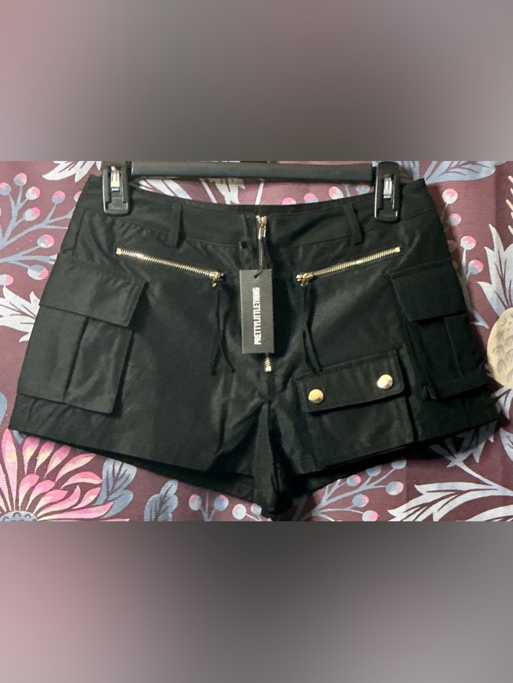 PrettyLittleThing Black High Waist Cargo Shorts with Gold Hardware